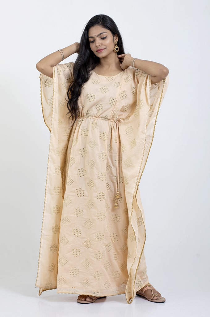 HAPPIMA FEEDING FRIENDLY SANDALWOOD GOLDEN PATTI LACE KAFTAN