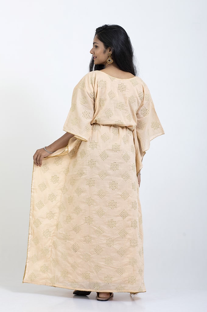 HAPPIMA FEEDING FRIENDLY SANDALWOOD GOLDEN PATTI LACE KAFTAN