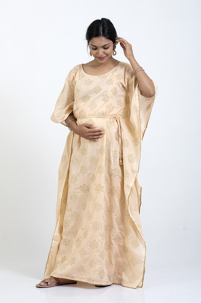 HAPPIMA FEEDING FRIENDLY SANDALWOOD GOLDEN PATTI LACE KAFTAN