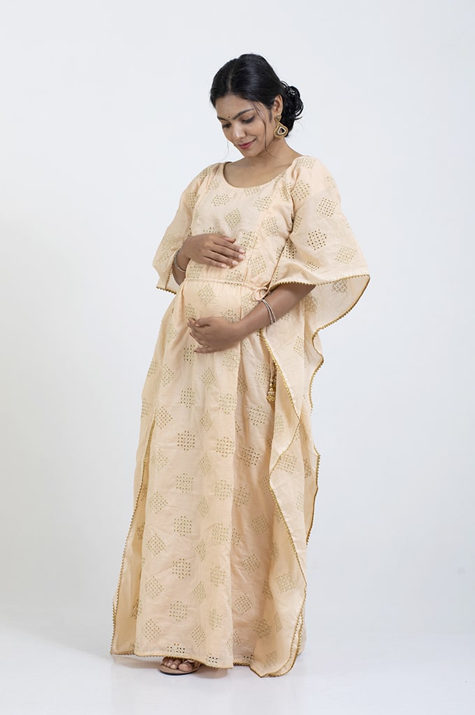 HAPPIMA FEEDING FRIENDLY SANDALWOOD GOLDEN PATTI LACE KAFTAN